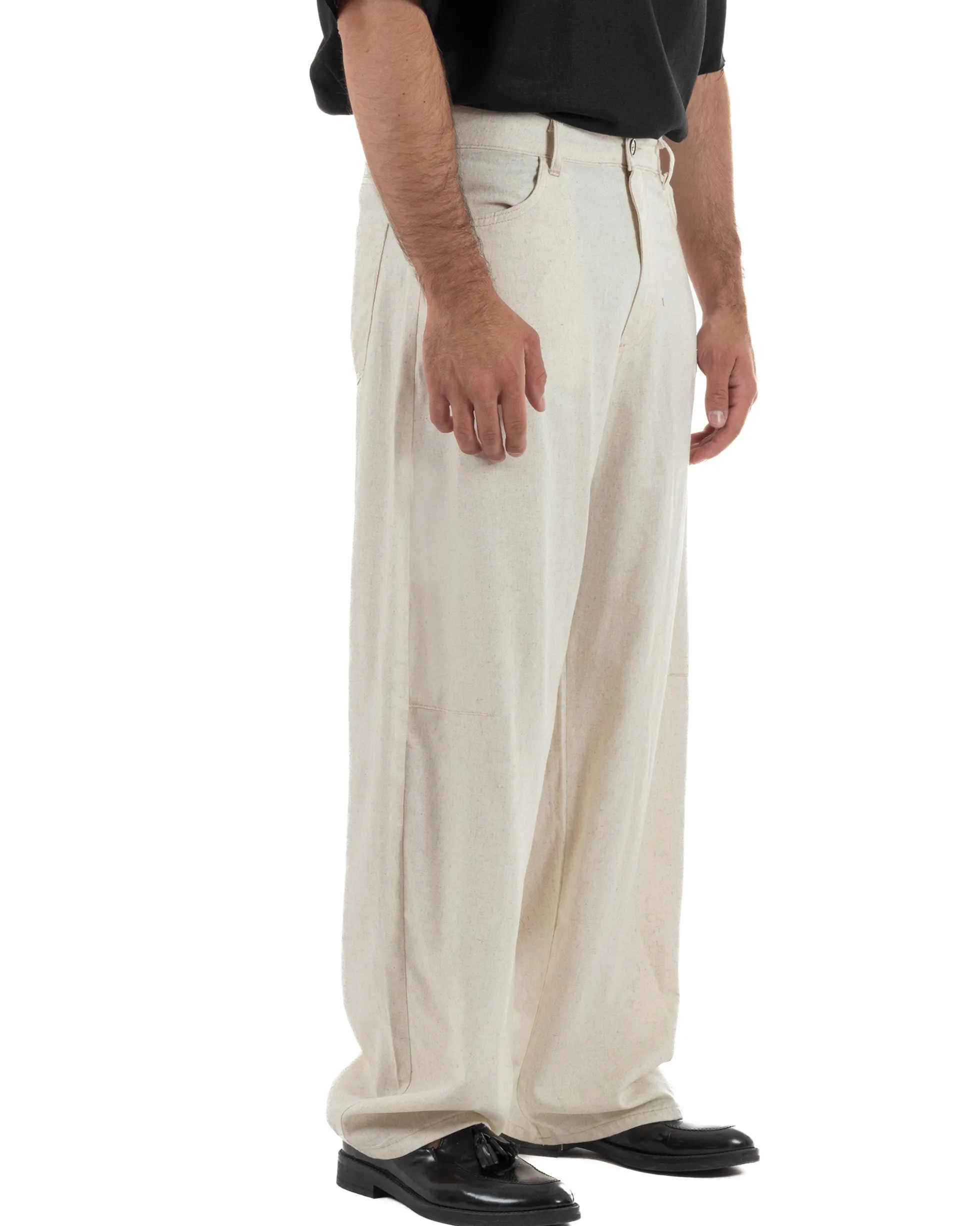 Pantaloni uomo lino baggy fit cinque tasche beige GIOSAL-P6500A
