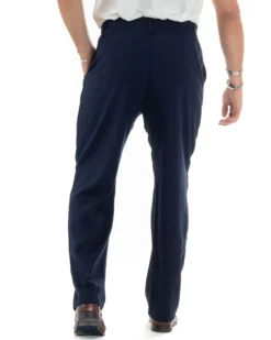 Pantaloni Uomo Lino Baggy Lungo Abbottonatura Allungata Tasche America Pinces Elastico Sul Retro Casual Tinta Unita Blu GIOSAL-P6110A