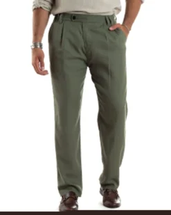 Pantaloni Uomo Lino Baggy Lungo Abbottonatura Allungata Tasche America Pinces Elastico Sul Retro Casual Tinta Unita Verde GIOSAL-P6108A