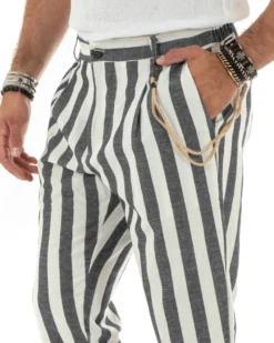 Pantaloni Uomo Lino Elegante Casual Con Catena Con Tasche America Con Elastico Sul Retro Rigato Bicolore Nero GIOSAL-P5882A