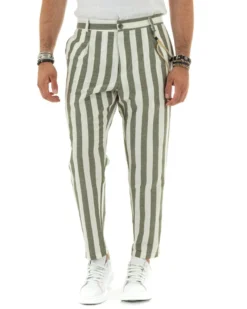 Pantaloni Uomo Lino Elegante Casual Con Catena Con Tasche America Con Elastico Sul Retro Rigato Bicolore Verde GIOSAL-P5881A