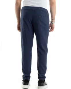 Pantaloni Uomo Lino Pantalaccio Elastico Morbido Basic Regular Fit Blu P6099A
