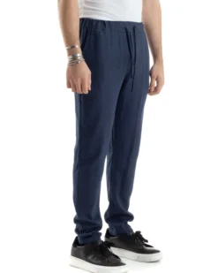 Pantaloni Uomo Lino Pantalaccio Elastico Morbido Basic Regular Fit Blu P6099A