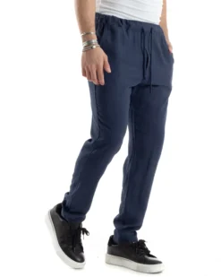 Pantaloni Uomo Lino Pantalaccio Elastico Morbido Basic Regular Fit Blu P6099A