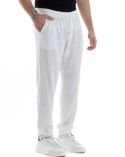 Pantaloni Uomo Lino Pantalaccio Elastico Morbido Basic Regular Fit Bianco P6095A