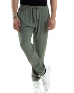 Pantaloni Uomo Lino Pantalaccio Elastico Morbido Basic Regular Fit Verde P6097A