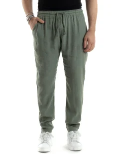 Pantaloni Uomo Lino Pantalaccio Elastico Morbido Basic Regular Fit Verde P6097A