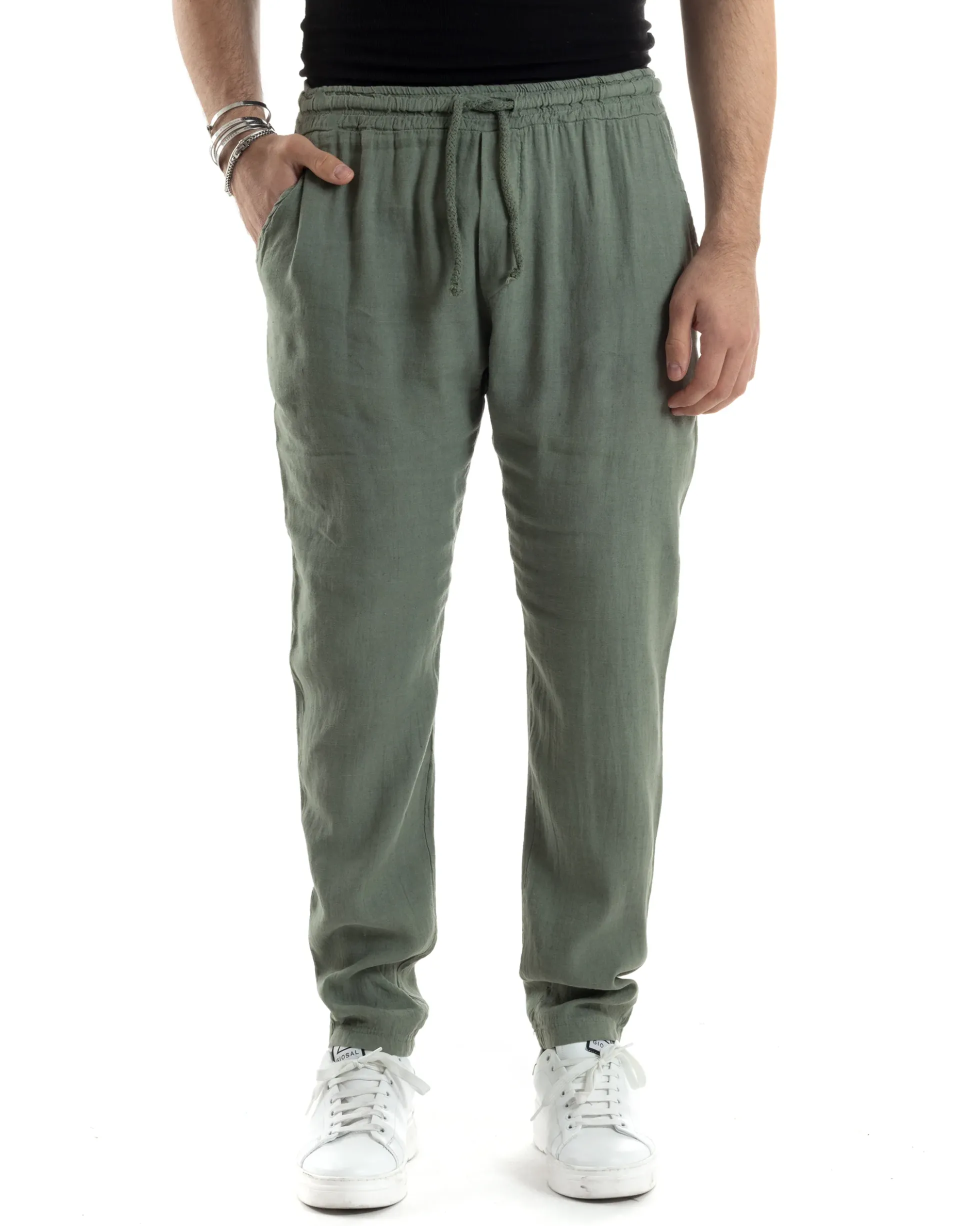 Pantaloni Uomo Lino Pantalaccio Elastico Morbido Basic Regular Fit Verde P6097A