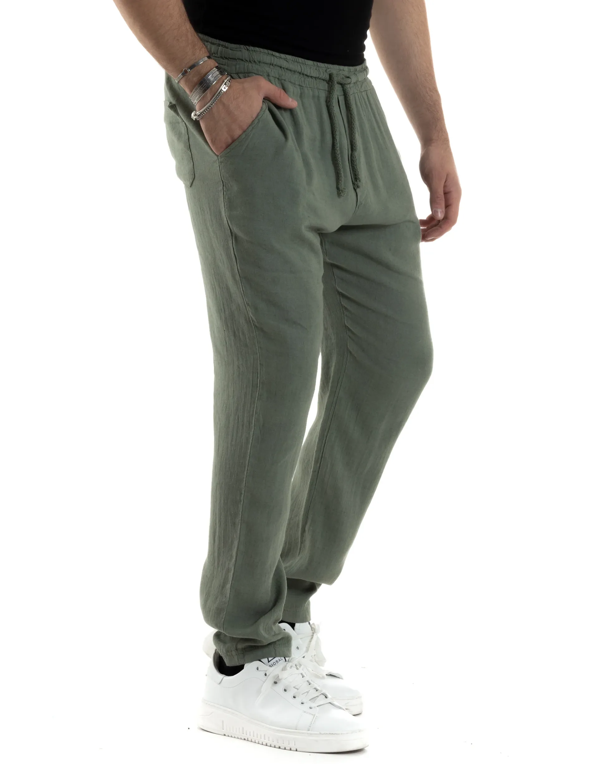 Pantaloni Uomo Lino Pantalaccio Elastico Morbido Basic Regular Fit Verde P6097A