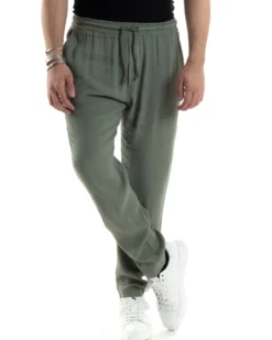 Pantaloni Uomo Lino Pantalaccio Elastico Morbido Basic Regular Fit Verde P6097A