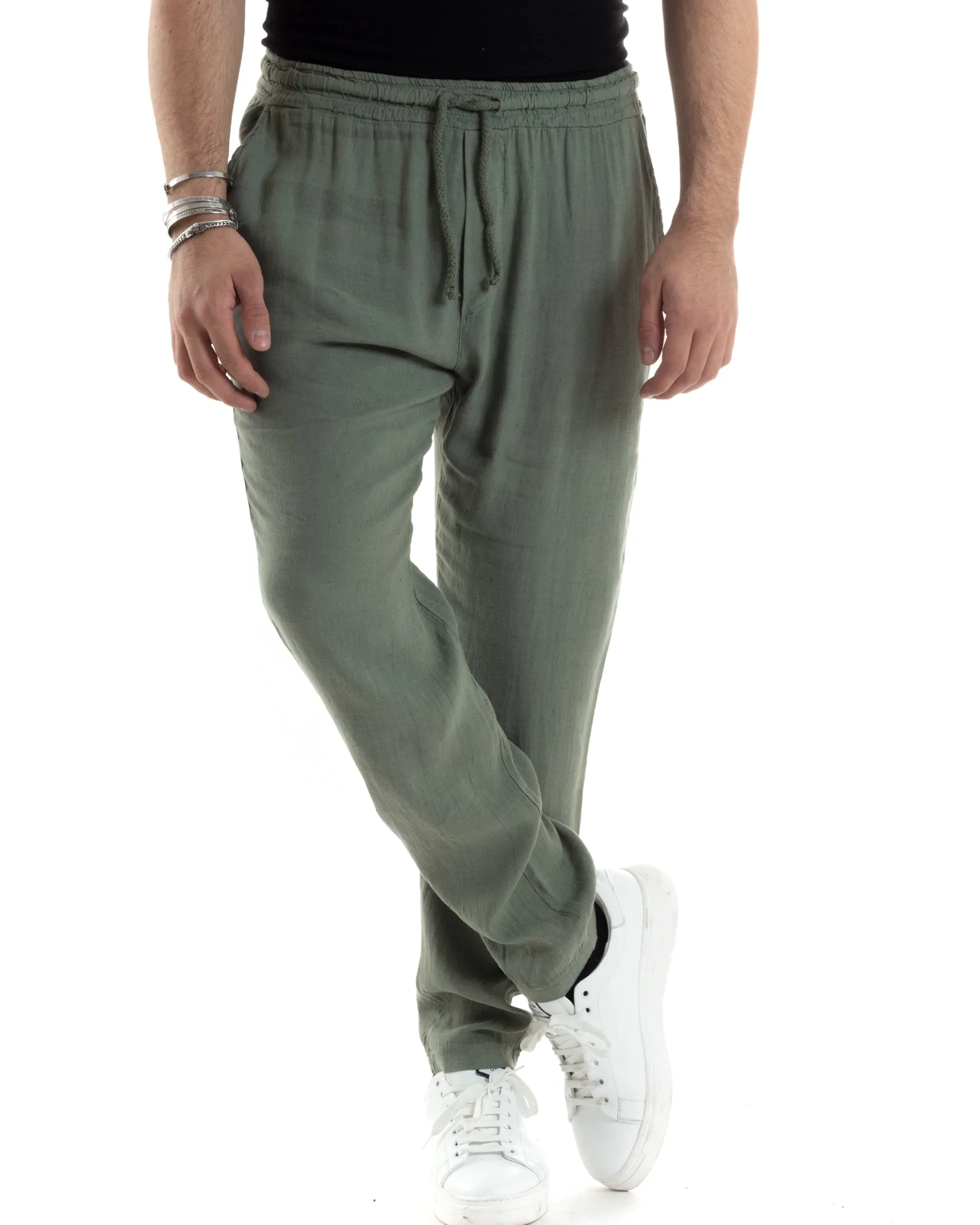 Pantaloni Uomo Lino Pantalaccio Elastico Morbido Basic Regular Fit Verde P6097A