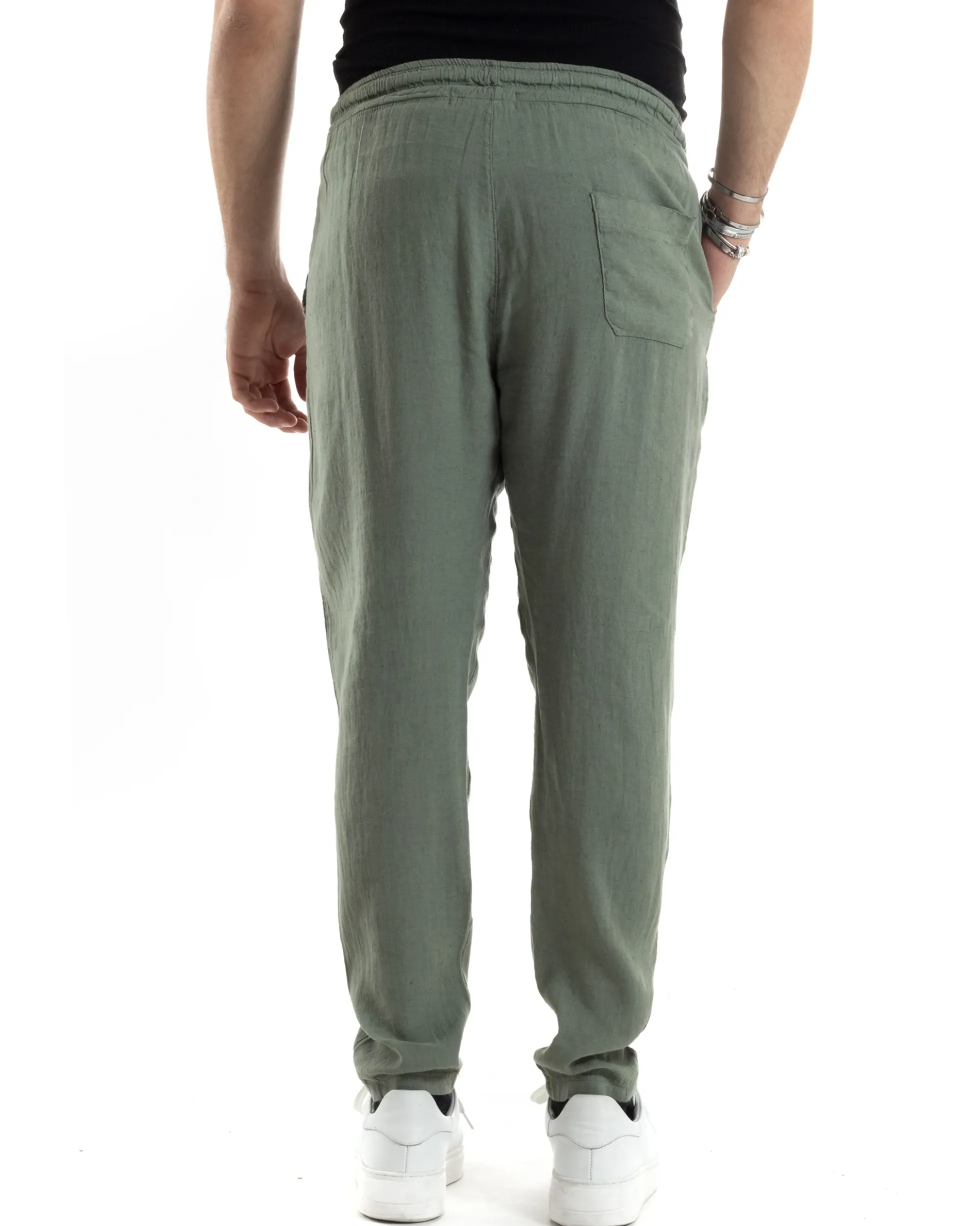 Pantaloni Uomo Lino Pantalaccio Elastico Morbido Basic Regular Fit Verde P6097A