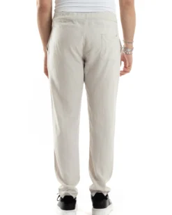 Pantaloni Uomo Lino Pantalaccio Elastico Morbido Basic Regular Fit Beige P6098A
