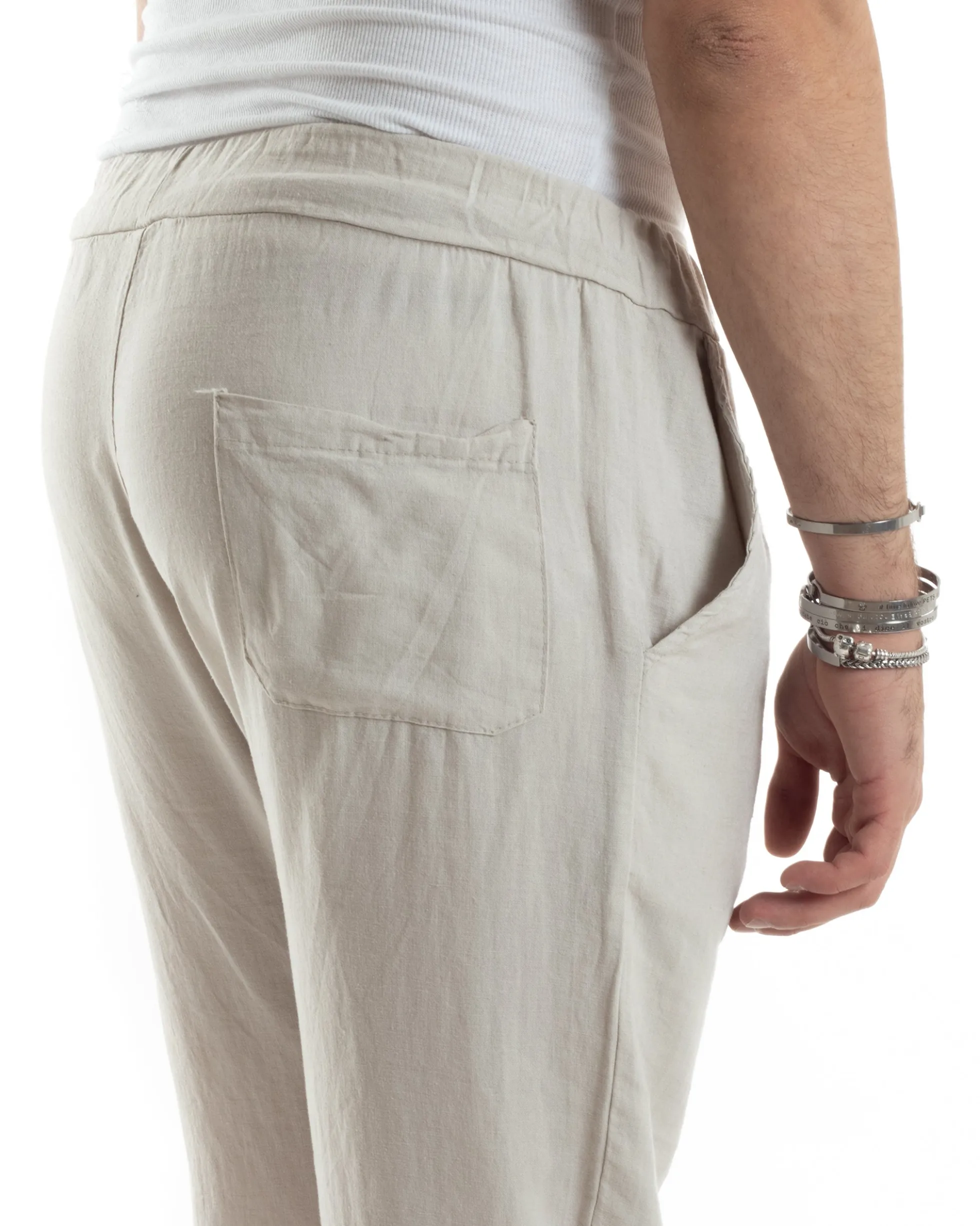 Pantaloni Uomo Lino Pantalaccio Elastico Morbido Basic Regular Fit Beige P6098A