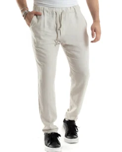 Pantaloni Uomo Lino Pantalaccio Elastico Morbido Basic Regular Fit Beige P6098A