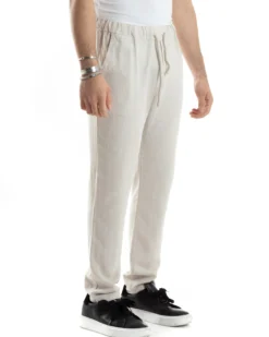 Pantaloni Uomo Lino Pantalaccio Elastico Morbido Basic Regular Fit Beige P6098A