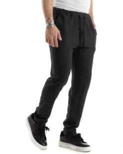 Pantaloni Uomo Lino Pantalaccio Elastico Morbido Basic Regular Fit Nero P6096A