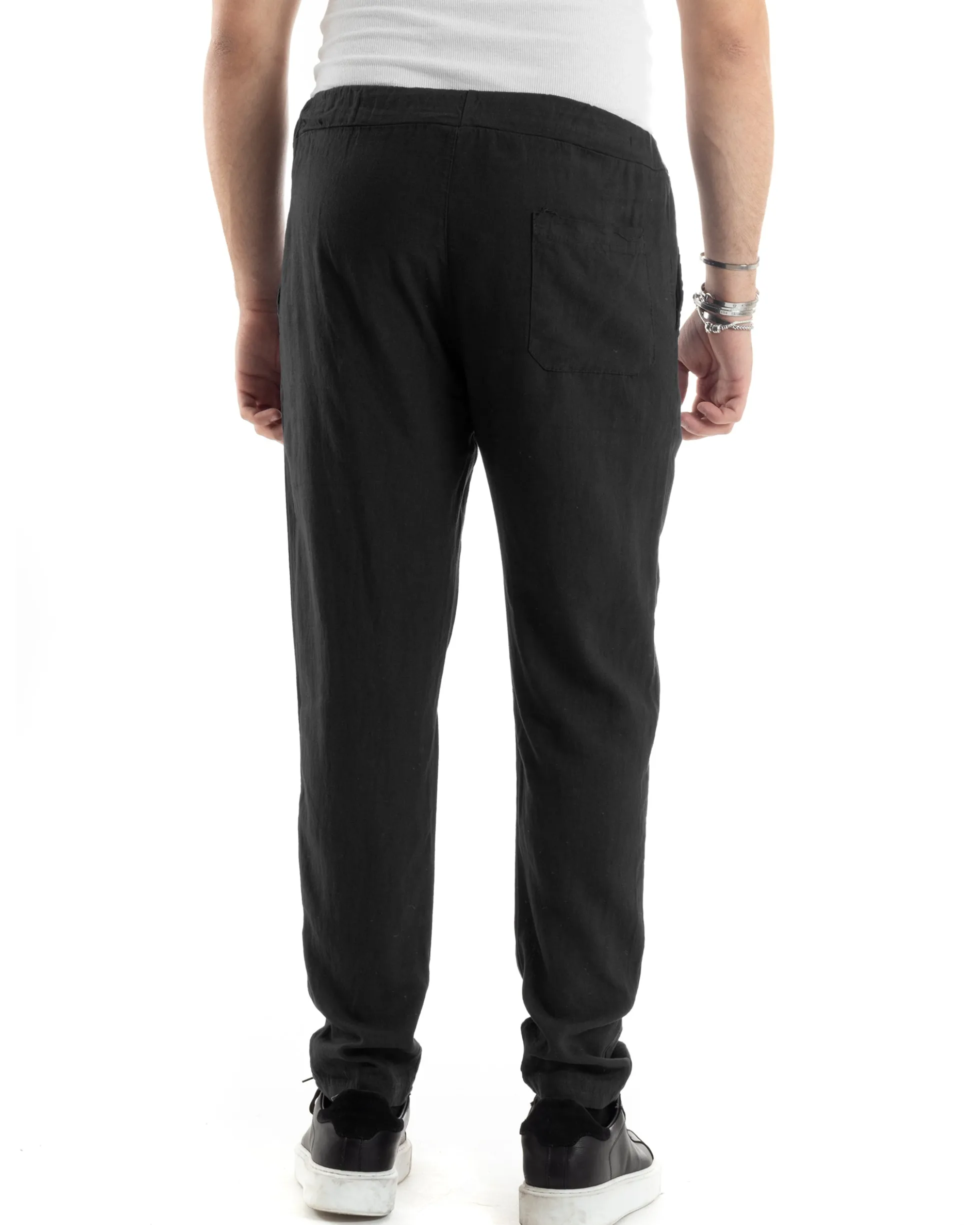 Pantaloni Uomo Lino Pantalaccio Elastico Morbido Basic Regular Fit Nero P6096A