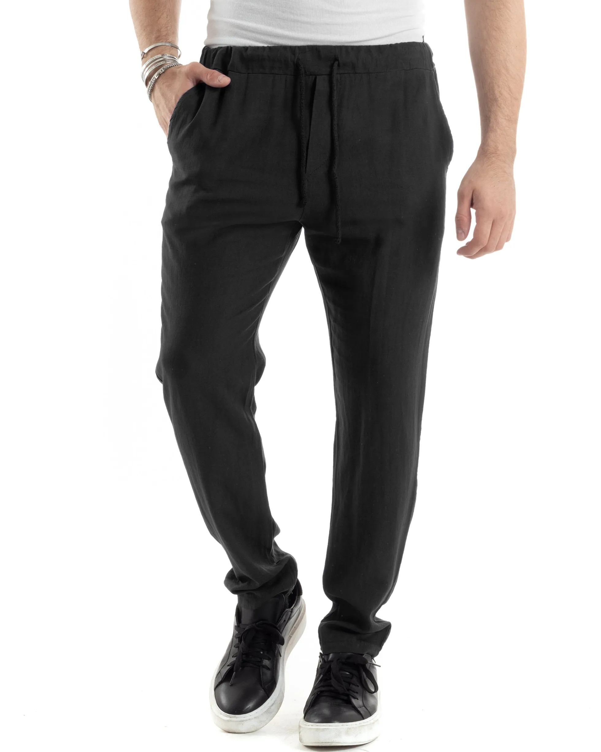Pantaloni Uomo Lino Pantalaccio Elastico Morbido Basic Regular Fit Nero P6096A