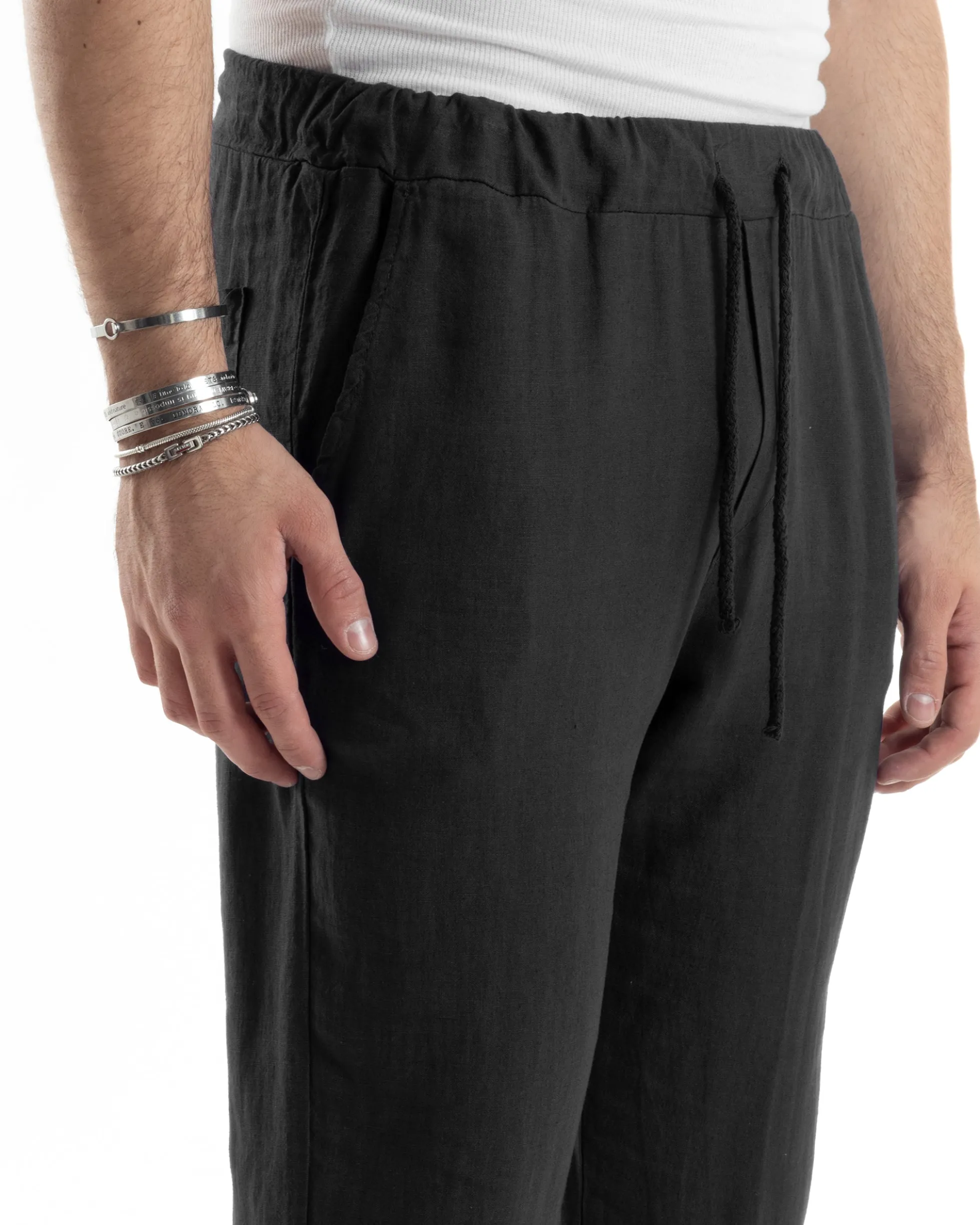 Pantaloni Uomo Lino Pantalaccio Elastico Morbido Basic Regular Fit Nero P6096A