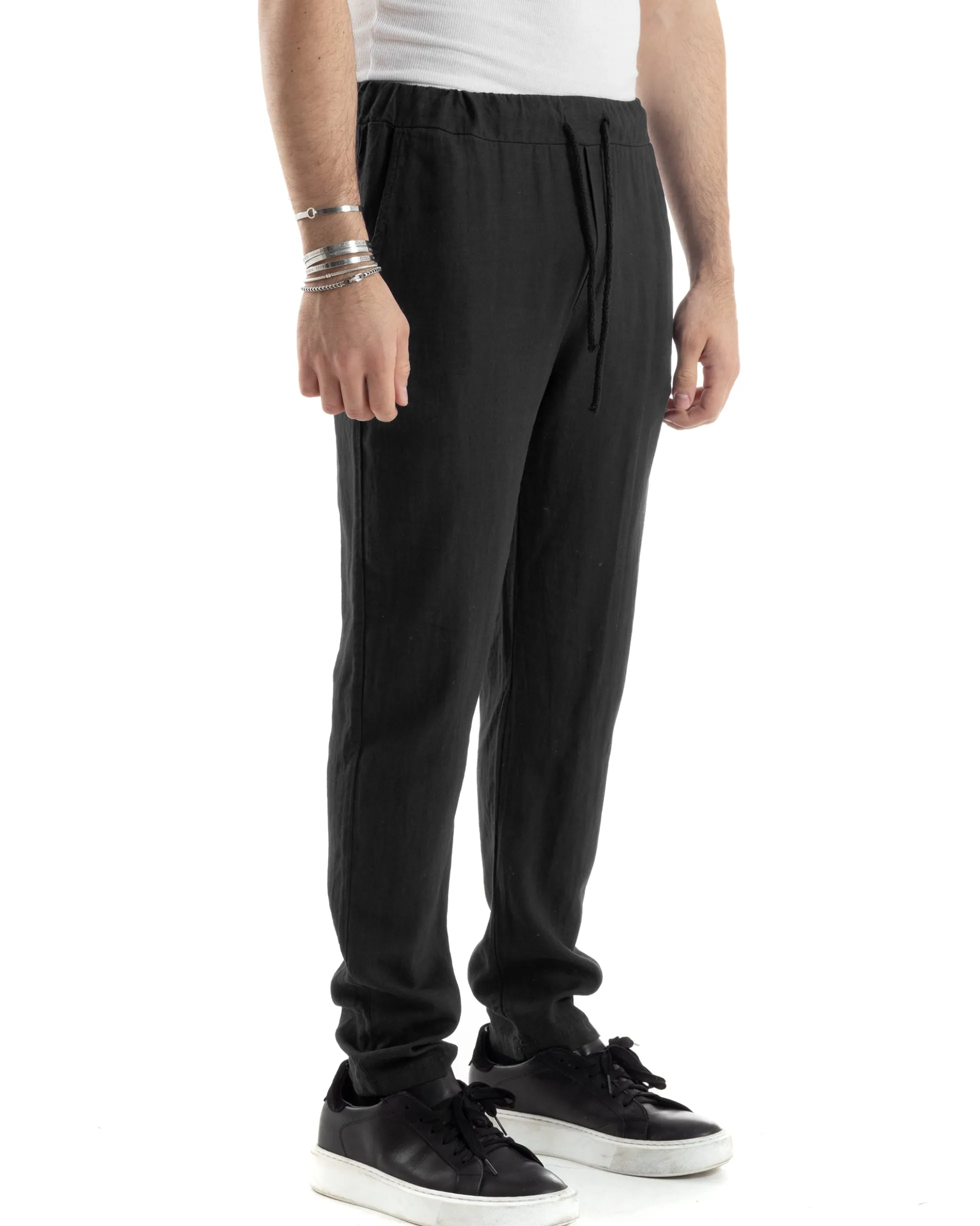 Pantaloni Uomo Lino Pantalaccio Elastico Morbido Basic Regular Fit Nero P6096A