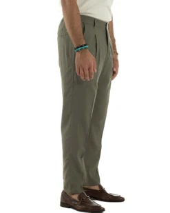 Pantaloni uomo lino sartoriale pinces tasche america elastico verde militare GIOSAL-P6323A