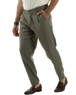 Pantaloni uomo lino sartoriale pinces tasche america elastico verde militare GIOSAL-P6323A