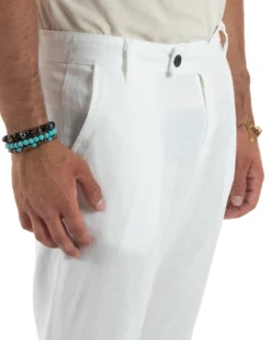 Pantaloni uomo lino sartoriale abbottonatura allungata bianco P6329A