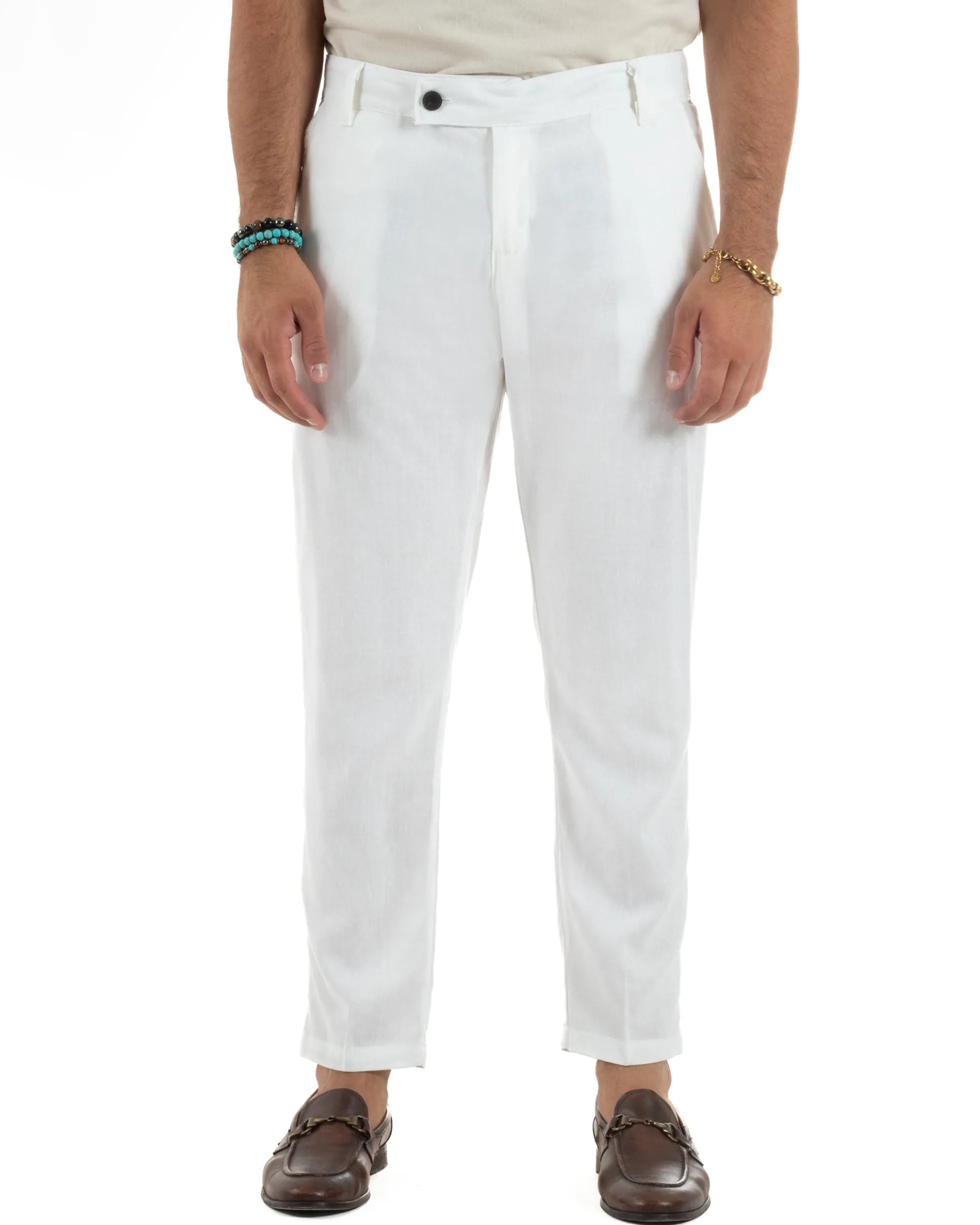 Pantaloni uomo lino sartoriale abbottonatura allungata bianco P6329A