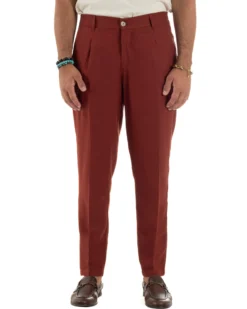 Pantaloni uomo lino sartoriale pinces tasche america elastico mattone GIOSAL-P6324A