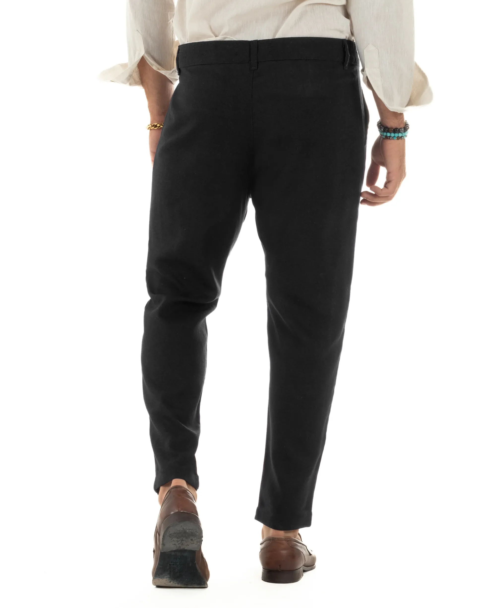 Pantaloni uomo lino sartoriale abbottonatura allungata nero P6328A