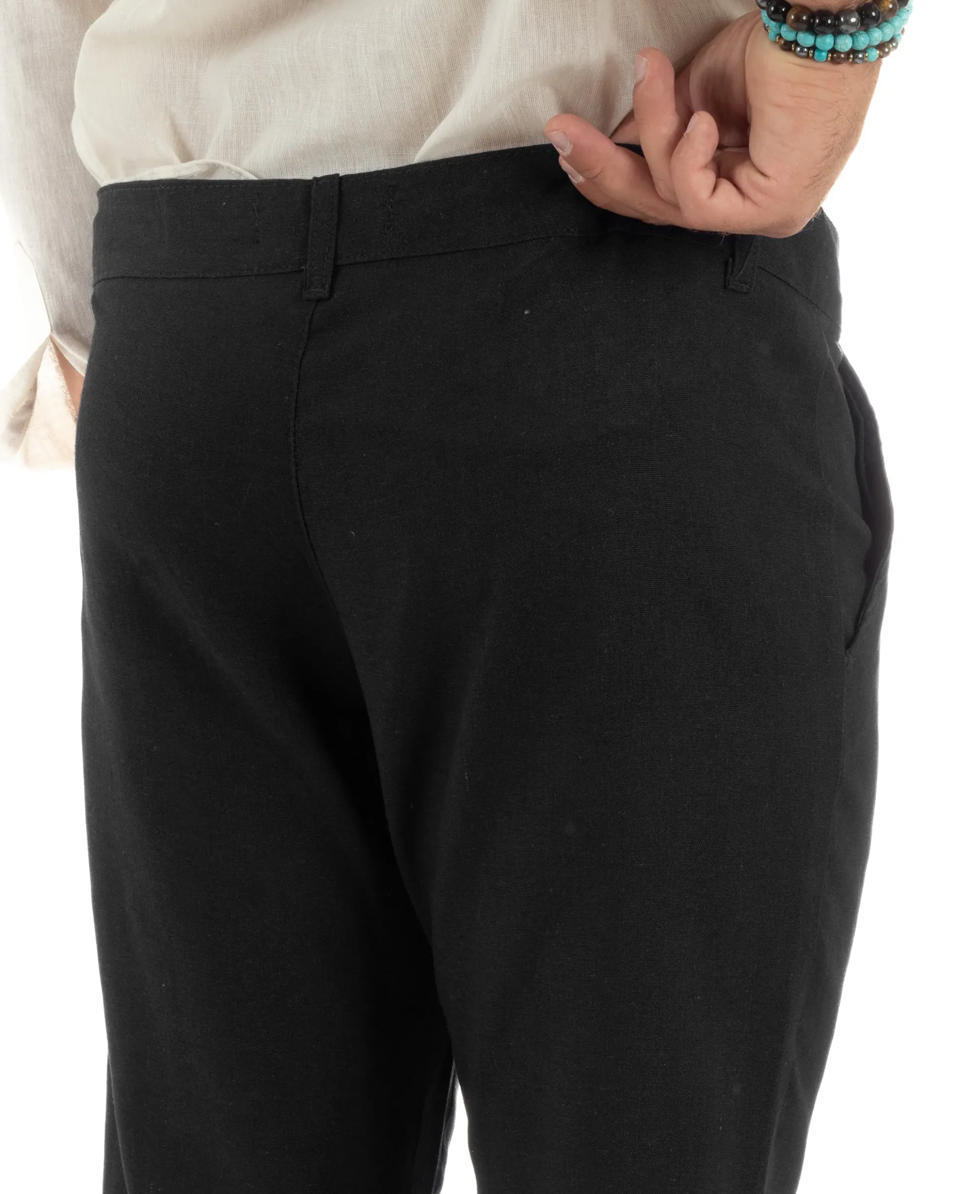 Pantaloni uomo lino sartoriale abbottonatura allungata nero P6328A
