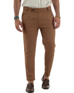 Pantaloni uomo lino sartoriale abbottonatura allungata camel P6331A