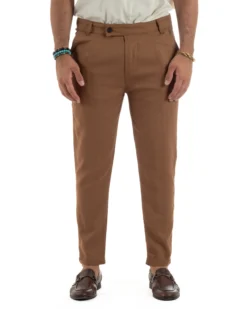 Pantaloni uomo lino sartoriale abbottonatura allungata camel P6331A