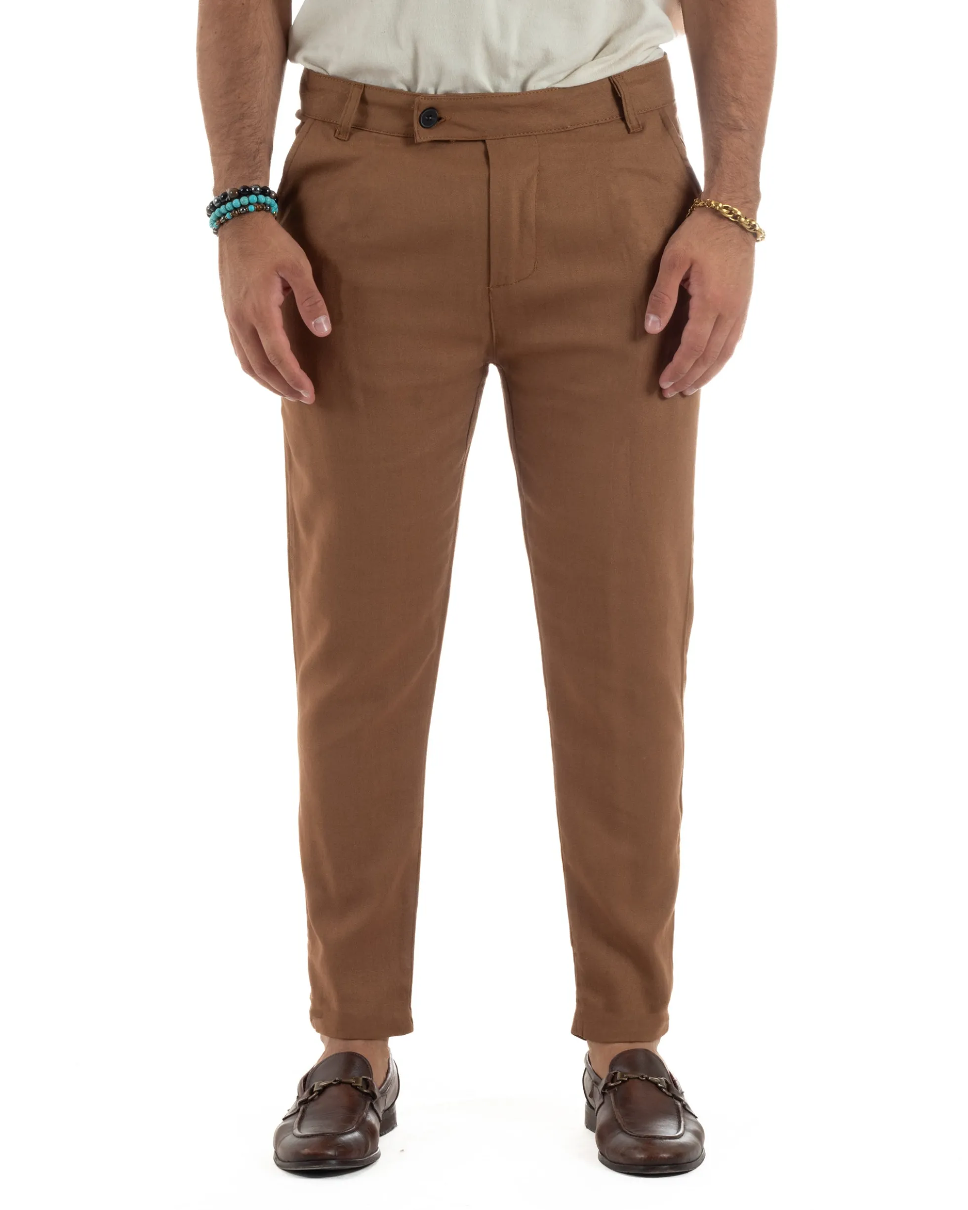 Pantaloni uomo lino sartoriale abbottonatura allungata camel P6331A