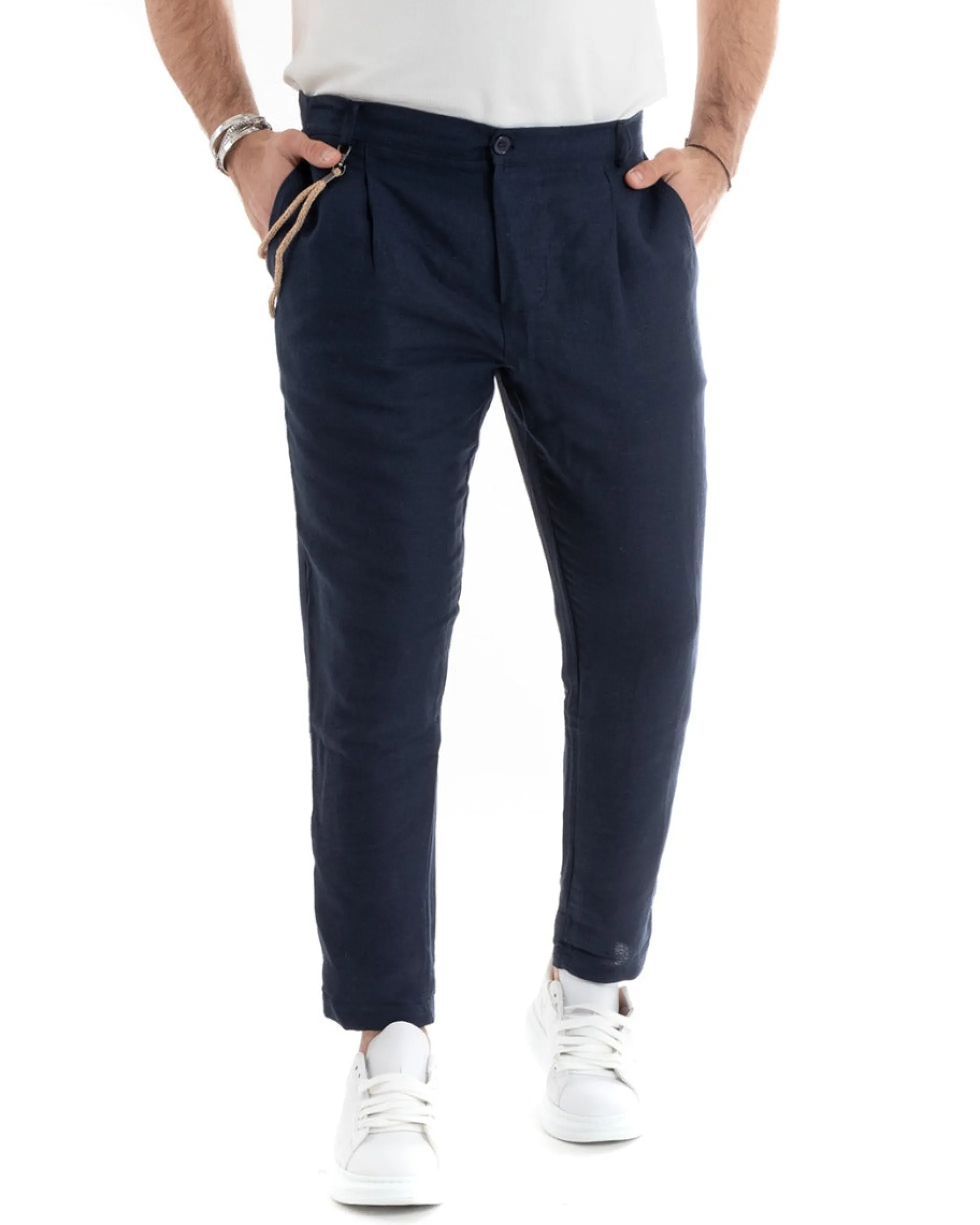 Pantaloni Uomo Lino Tasche America Pinces Classico Sartoriale Blu GIOSAL-P5790A