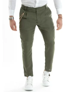 Pantaloni Uomo Lino Tasche America Pinces Classico Sartoriale Verde Militare GIOSAL-P5789A