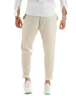 Pantaloni Uomo Lino Tasche America Pinces Classico Sartoriale Beige GIOSAL-P5788A