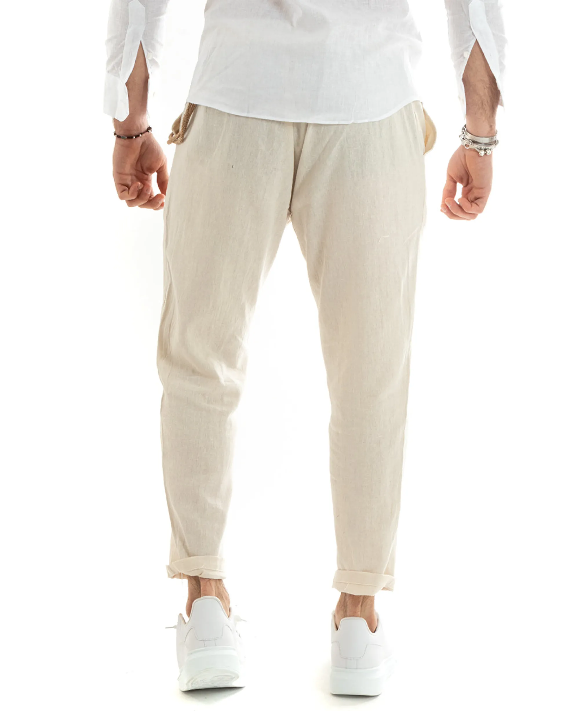 Pantaloni Uomo Lino Tasche America Pinces Classico Sartoriale Beige GIOSAL-P5788A
