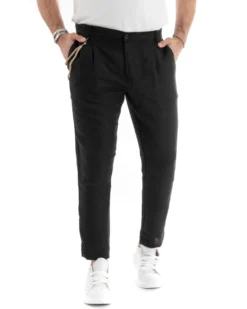 Pantaloni Uomo Lino Tasche America Pinces Classico Sartoriale Nero GIOSAL-P5791A