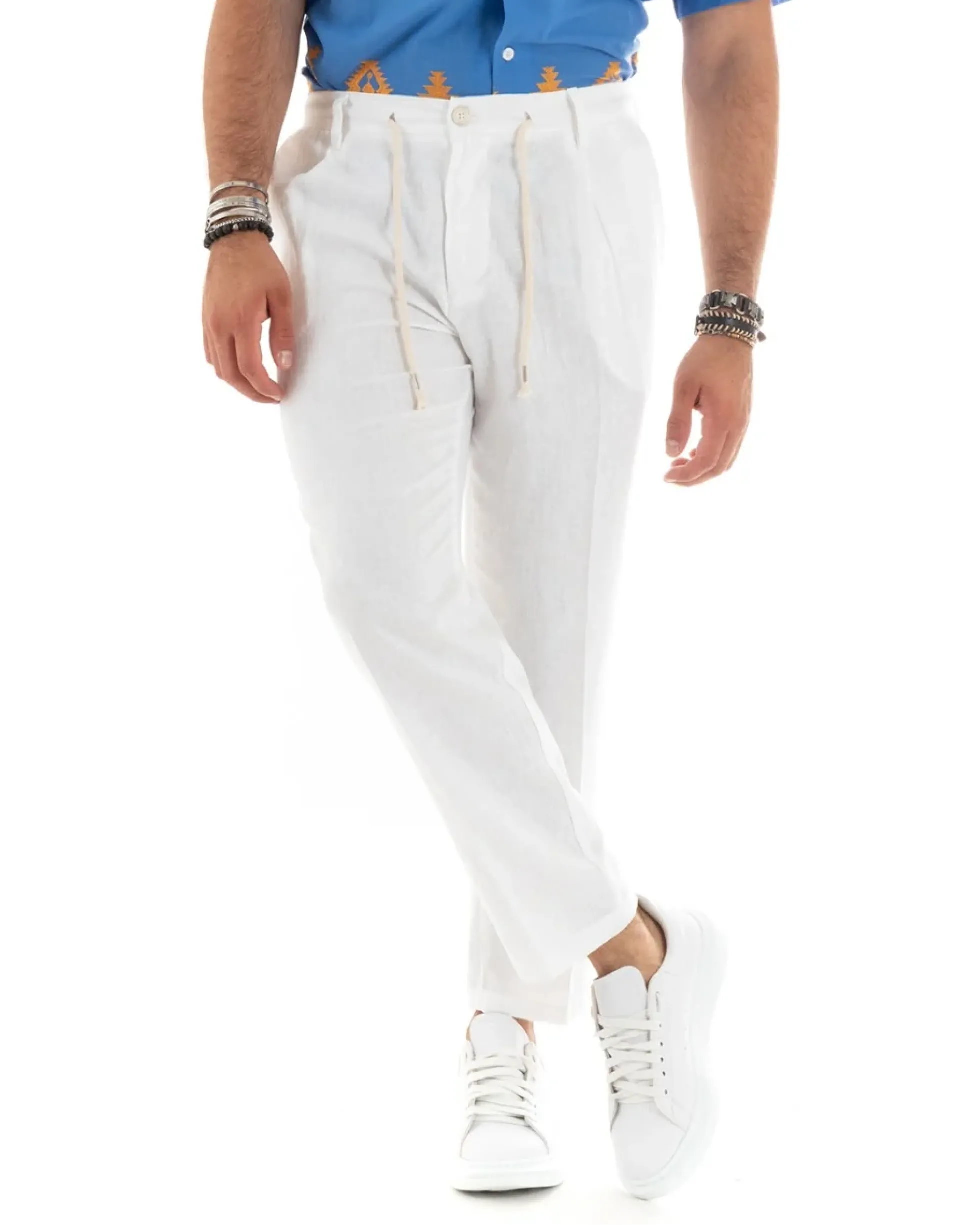 Pantaloni uomo lino tasche america elastico sul retro pinces laccio bianco GIOSAL-P5833A