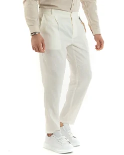 Pantaloni Uomo Lino Tasche America Pinces Classico Sartoriale Bianco GIOSAL-P5792A