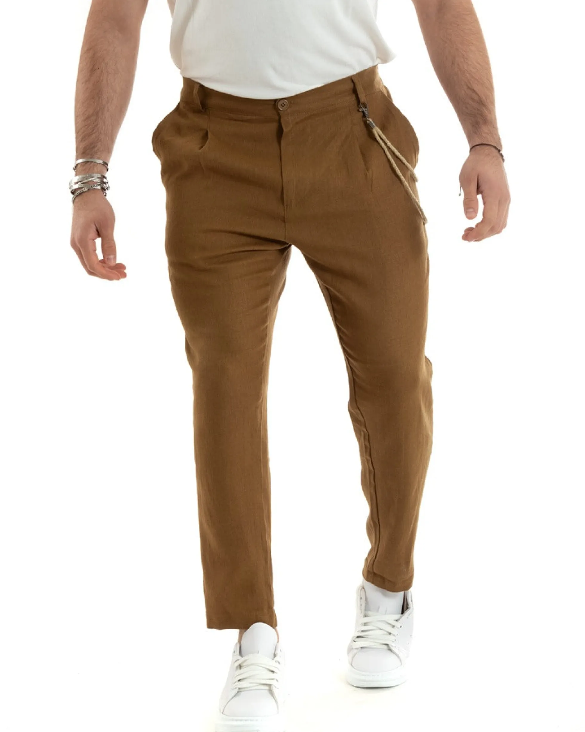 Pantaloni Uomo Lino Tasche America Pinces Classico Sartoriale Camel GIOSAL-P5794A