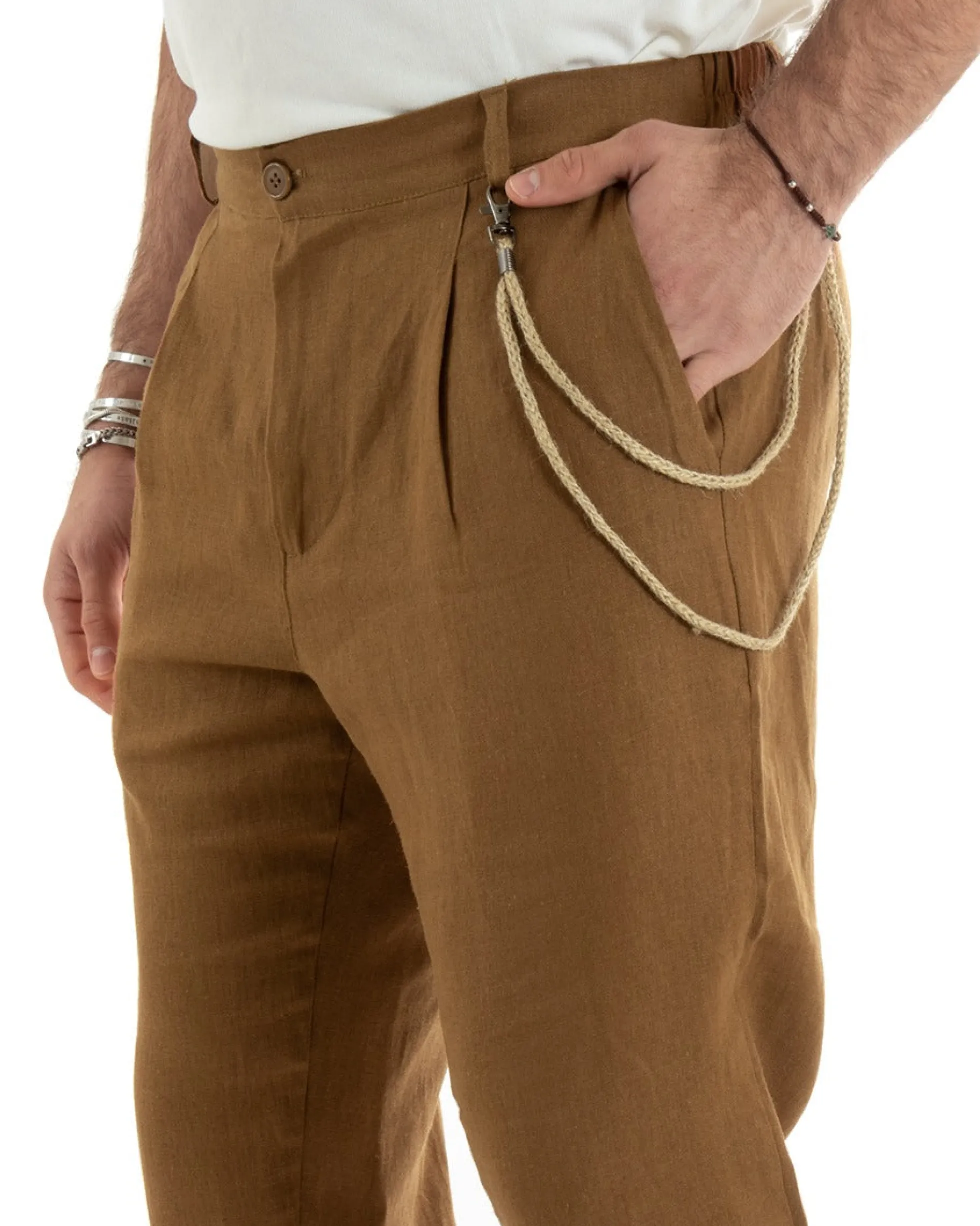 Pantaloni Uomo Lino Tasche America Pinces Classico Sartoriale Camel GIOSAL-P5794A