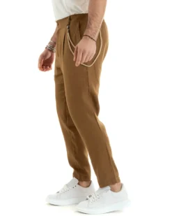 Pantaloni Uomo Lino Tasche America Pinces Classico Sartoriale Camel GIOSAL-P5794A