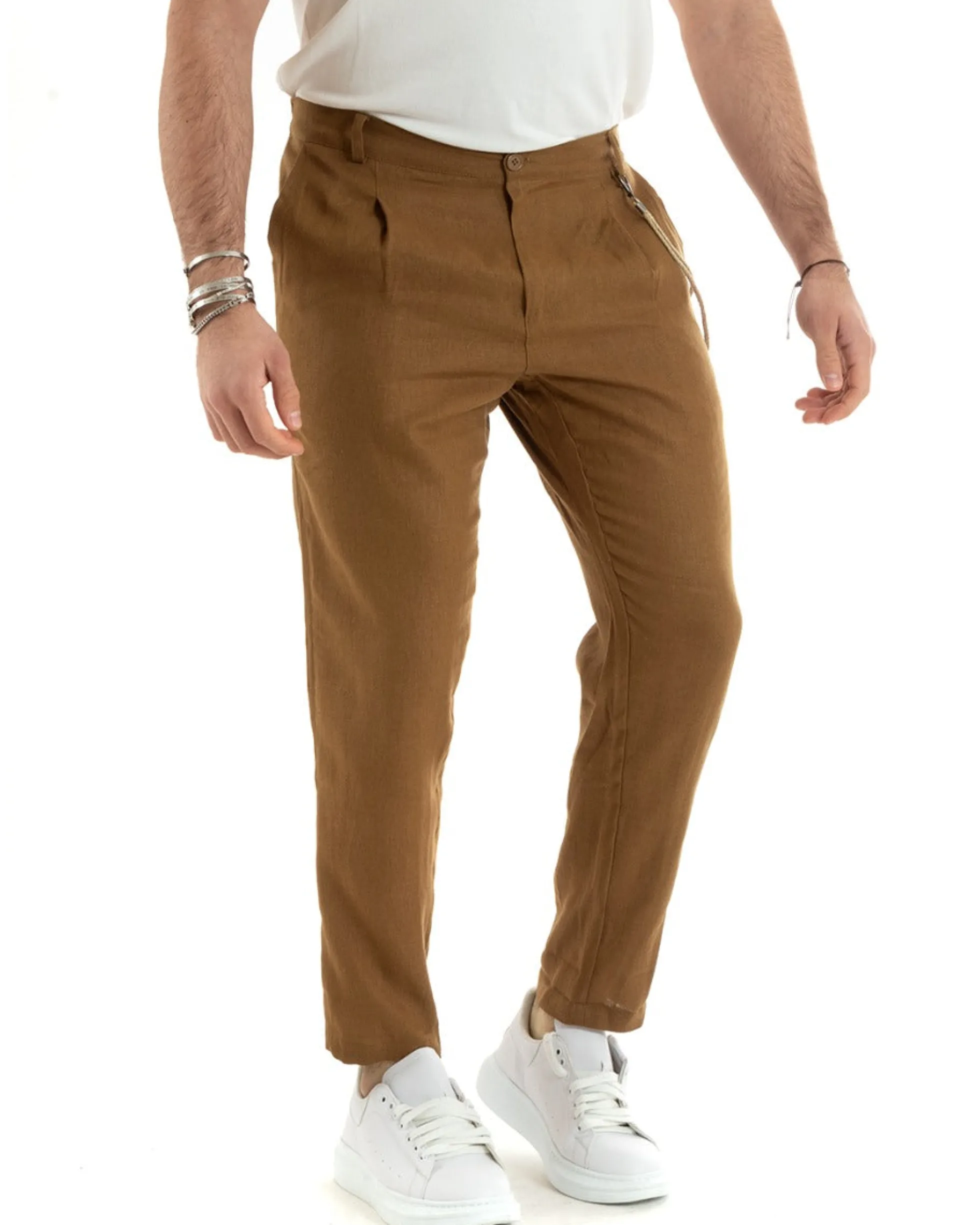 Pantaloni Uomo Lino Tasche America Pinces Classico Sartoriale Camel GIOSAL-P5794A