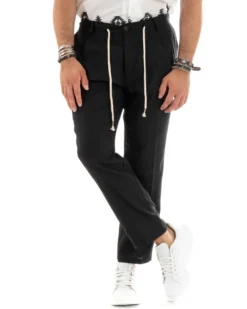 Pantaloni uomo lino tasche america elastico sul retro pinces laccio nero GIOSAL-P5832A