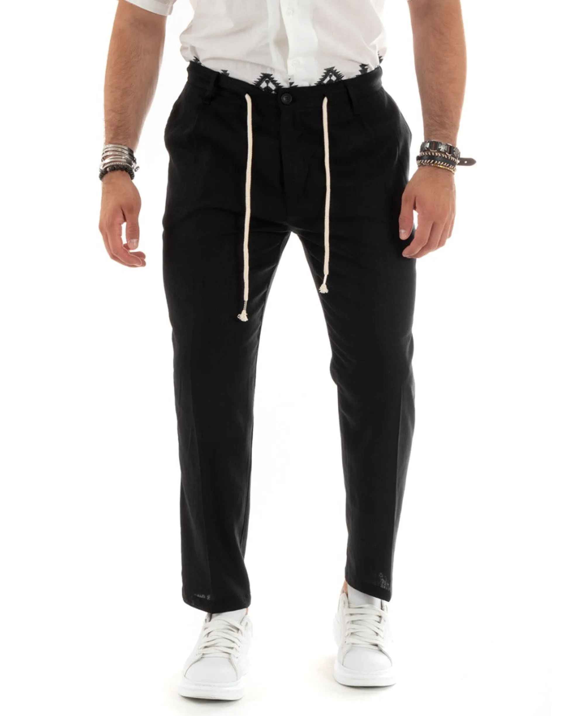Pantaloni uomo lino tasche america elastico sul retro pinces laccio nero GIOSAL-P5832A