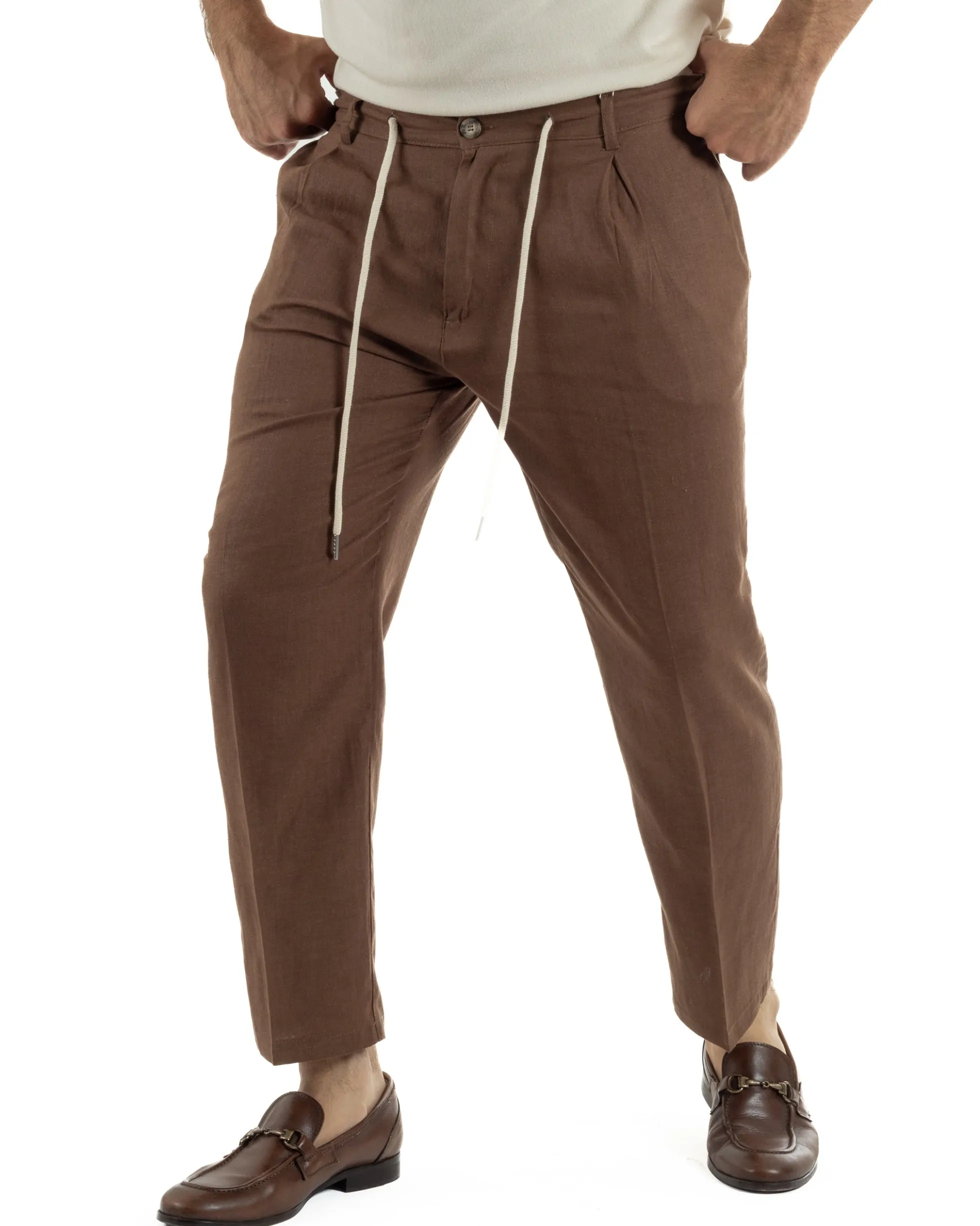 Pantaloni uomo lino tasche america elastico sul retro pinces laccio marrone GIOSAL-P6498A