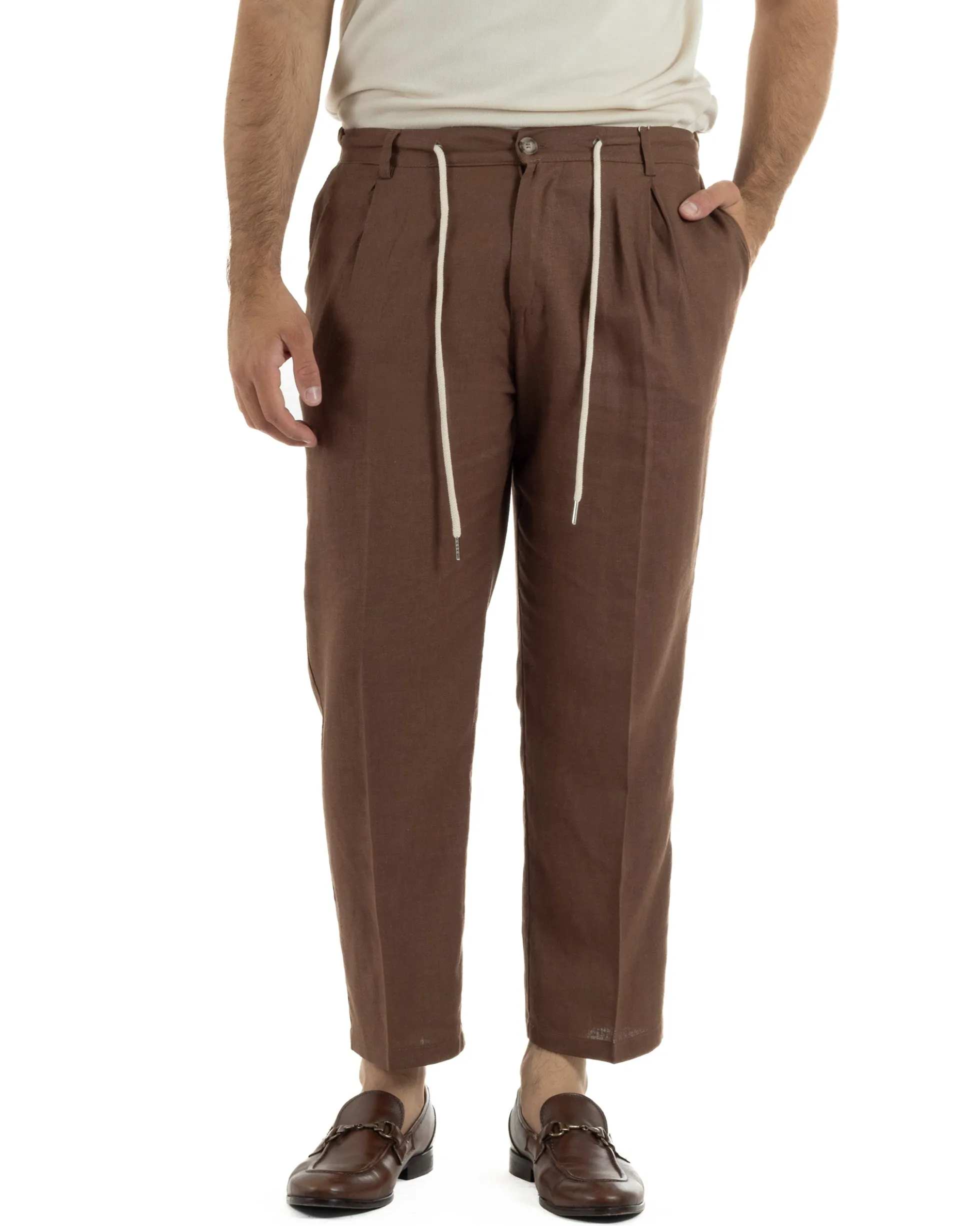 Pantaloni uomo lino tasche america elastico sul retro pinces laccio marrone GIOSAL-P6498A